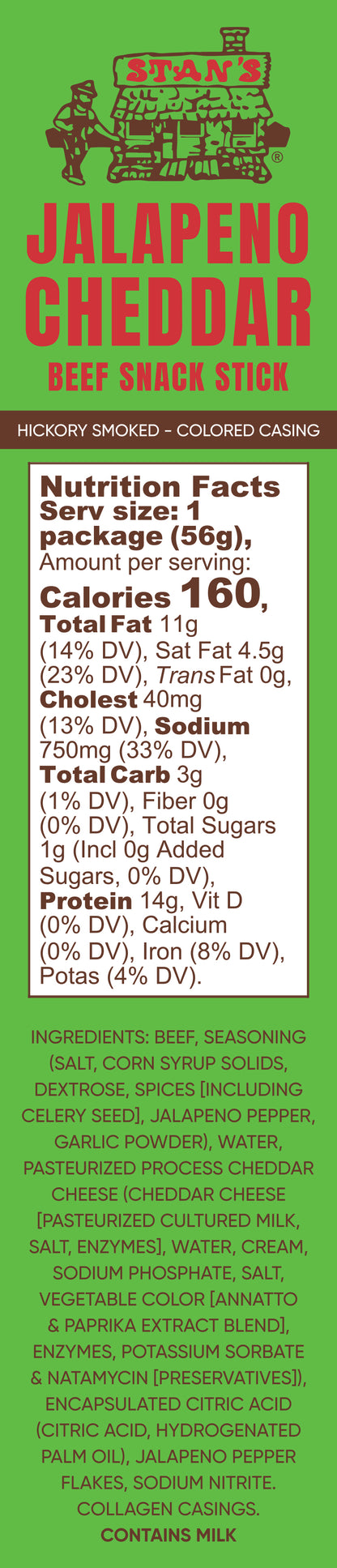 Stan's Beef Snack Stick BULK - 20 Pack - 2oz Jalapeno Cheddar