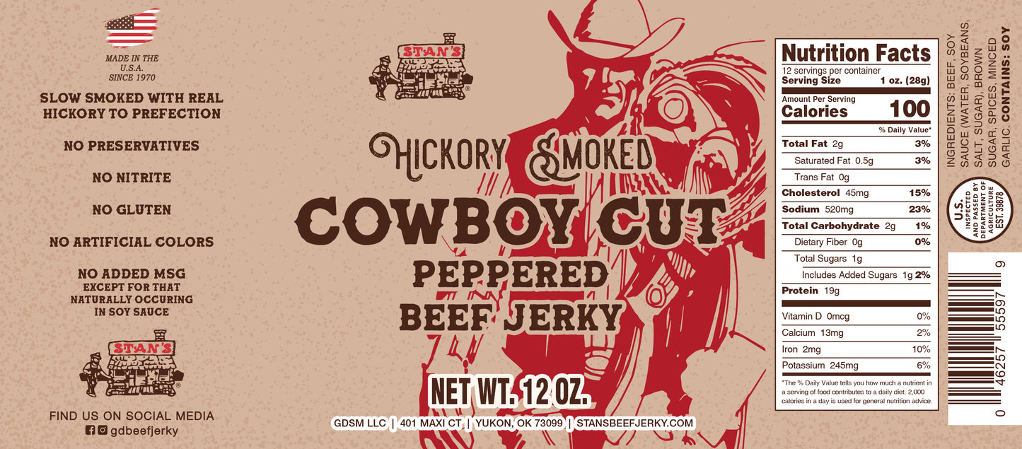 Stan's Cowboy Cut Beef Jerky - 12oz Peppered